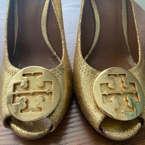 Tory Burch gold peep toe wedge heels